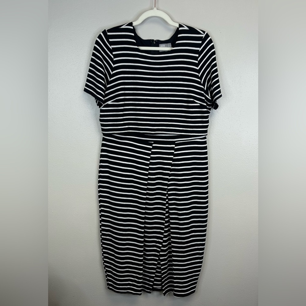 Preppy Striped Midi Dress Jersey Stretch Size 12 Casual Nautical Beachy Neutral - Picture 2 of 11